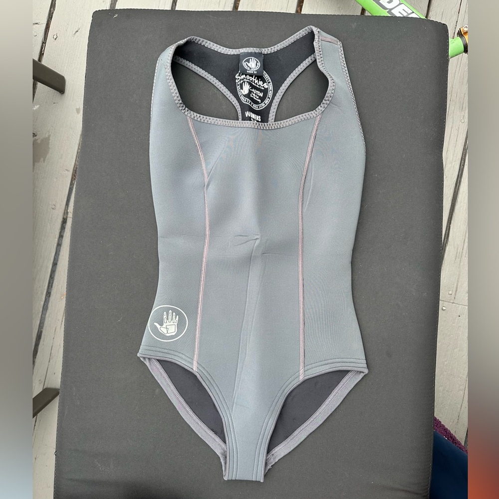 Gray One Piece Swimwear with Racerback and Seam Details